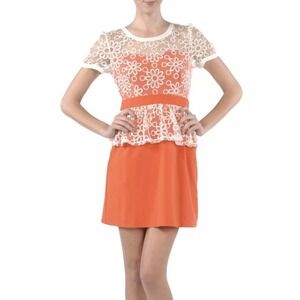 A'reve | Fit Flare Womens Size L Orange Flower Lace Dress Short Sleeves Crewneck